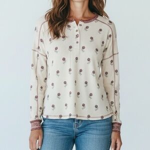 P.J. Salvage White Floral Henley Top • Long Sleeve Cozy Lounge • Sz L‎ Cabincore